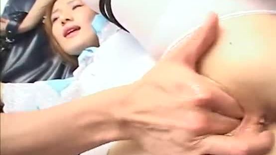 Japanese maid in ripped pantyhose is fingered before sucking cock